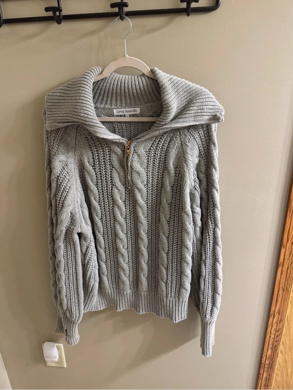 Light Gray Cable-Knit Zip Sweater